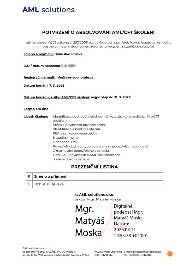 POTVRZENÍ O ABSOLVOVÁNÍ AML-CFT ŠKOLENÍ